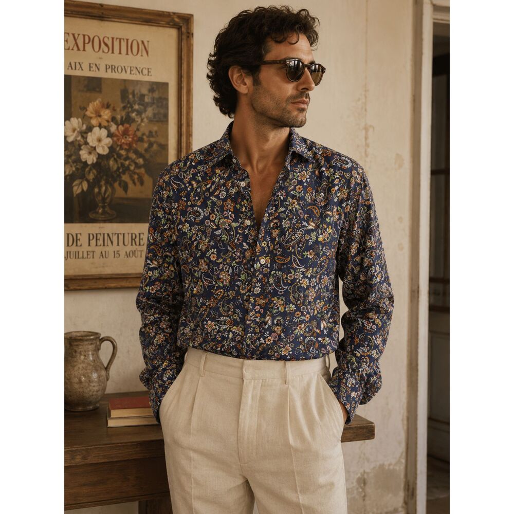 Vintage Mistral France Le Vrai Gardian Navy Floral Paisley Cotton Shirt L